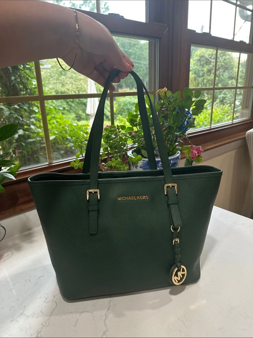Michael Kors medium hunter green leather shoulder tote bag